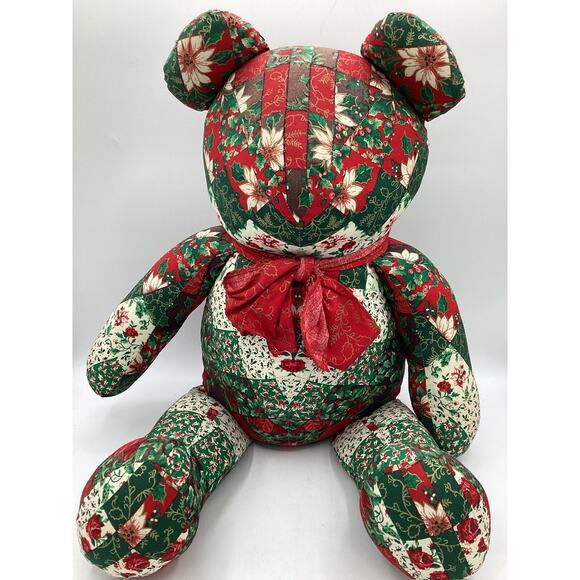 Patchwork Christmas Bear With Red Ribbon 23 inches Tall Vintage - Picture 1 of 6